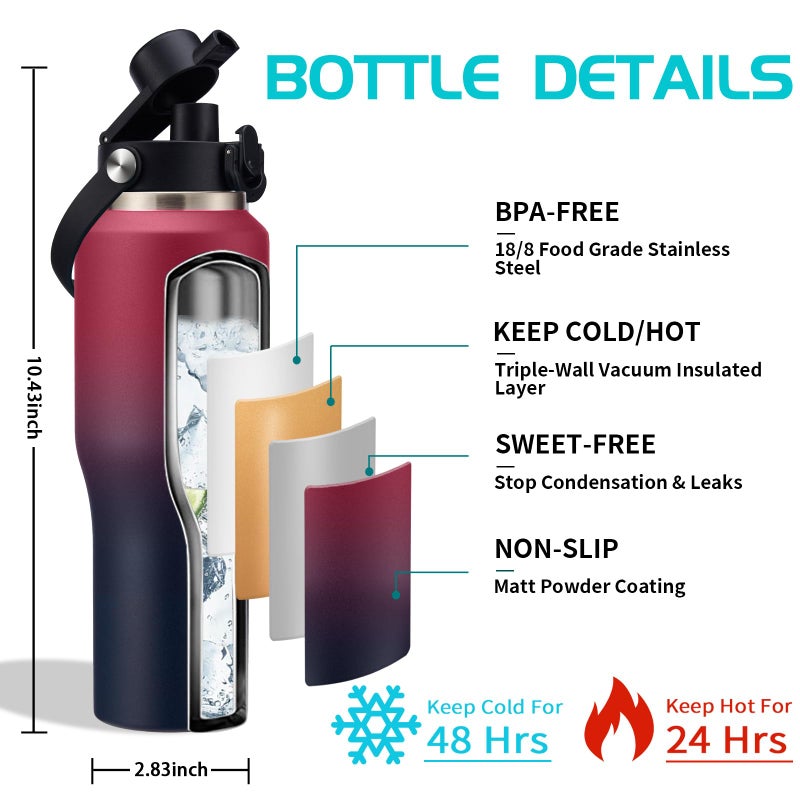 DIGJUPER Stainless Steel Tumblers with Straw 32 oz- Vacuum Insulated Water Bottle Flask for Car Office Gym  Cold-48H & Hot-24H  Water Flask with Straw & Spout Lids  Thermal Water Bottle Pouch & Silicone Boot - Image 3
